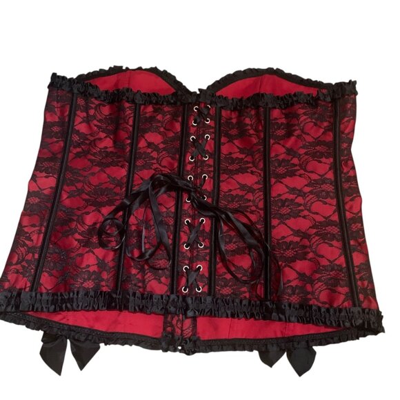 Corset Bustier Red & Black Lace Ruffle Trim Bow Accents Hook Front Closure Sz 6X - Picture 4 of 11